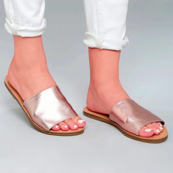 Chic Metallic Rose Gold Pure Navy Slide Sandals - Picture 2 of 2